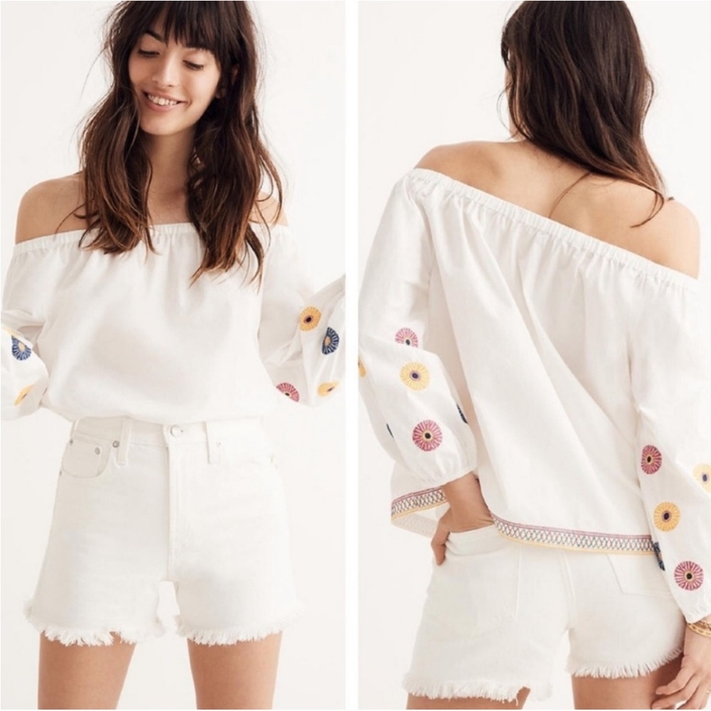 Madewell White Off-Shoulder Blouse with Embroidered Sleeves Size L